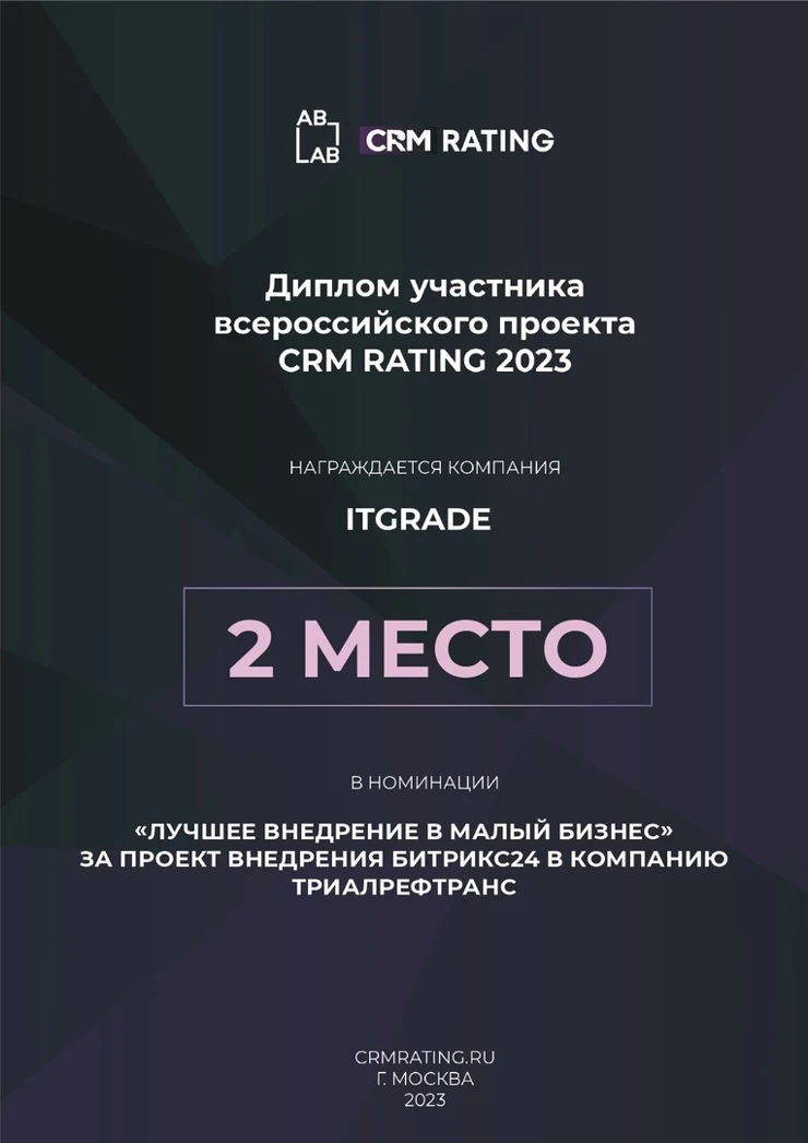 Диплом CRM Rating 2023: ITGRADE, 2 место за внедрение Битрикс24 в ТриалРефТранс