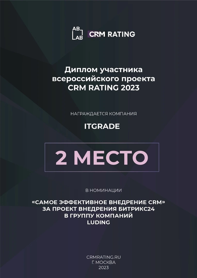 Диплом CRM Rating 2023: 2 место · LUDING