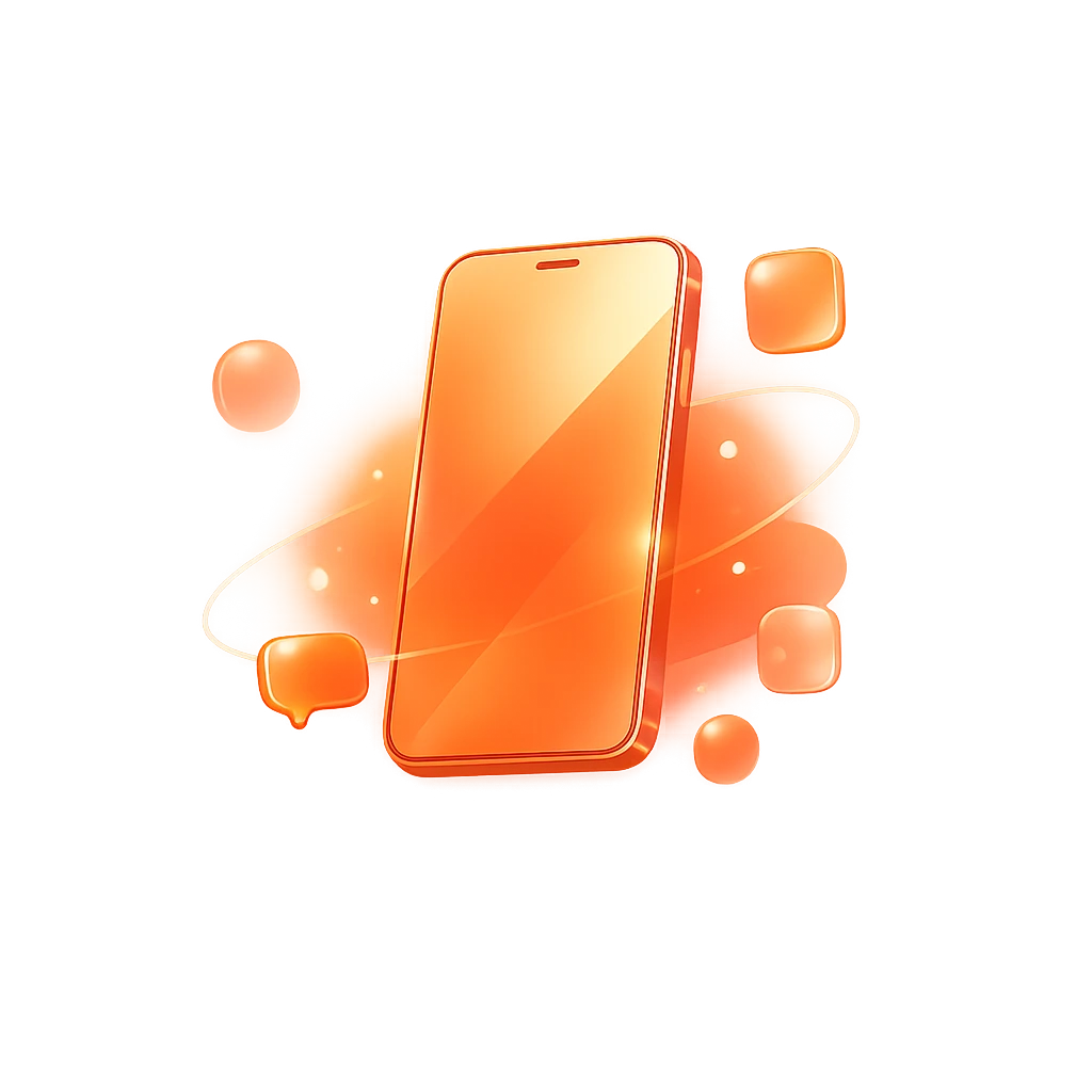 Оранжевая объёмная иллюстрация смартфона с исходной страницы ITGRADE